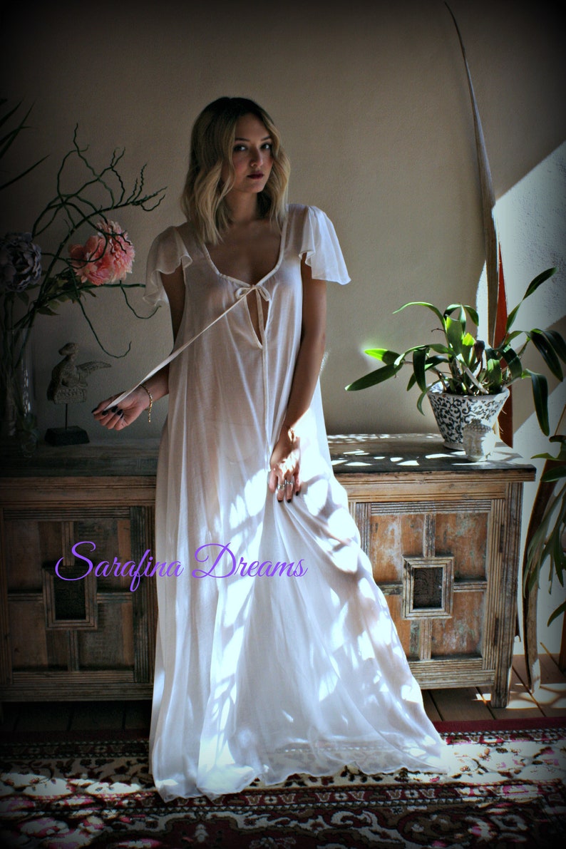 100 Cotton Nightgown Flutter Sleeve Tie Open Bodice Lingerie Etsy