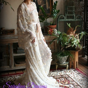 Embroidered Lace Bridal Robe 3D Flower Wedding Lingerie Lace Kimono Robe Bridal Lingerie Ivory Lace Sleepwear Gold Bridal Lingerie image 10