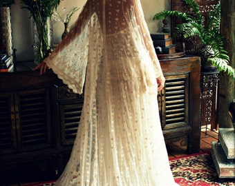 Brautrobe Bestickte Französische Spitze Wickelrobe Engel Ärmel Hochzeit Dessous Braut Nachtwäsche Elfenbein Spitze Morgenmantel