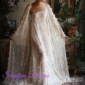 Embroidered Lace Bridal Robe 3D Flower Wedding Lingerie Lace Kimono Robe Bridal Lingerie Ivory Lace Sleepwear Gold Bridal Lingerie image 5
