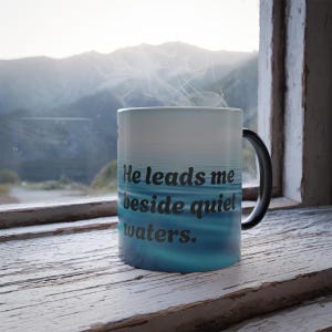 11oz Color-Changing Mug – Ocean Scene with Psalm 23:2 (NIV) Scripture – Heat Reveal Serenity Mug