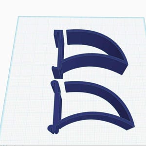 May include: Two dark blue, curved, 3D-printed objects. Each object has a curved arch and a vertical support with a small, rounded base. The objects are on a light blue grid background.