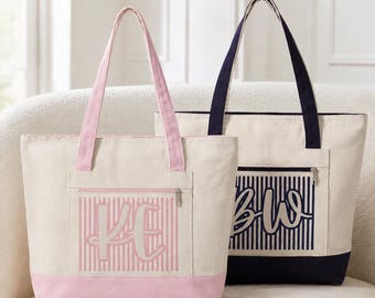 Striped Monogram | Zippered Tote
