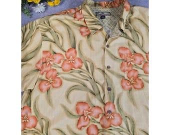 Y2K Tommy Bahama Mens XXL 100% Silk Button Down Yellow Floral Tropical Vacation