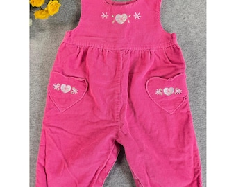 Y2K Fisher Price Pink Corduroy Heart Embroidered Romper Overalls 3-6m 2007 Soft
