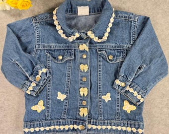 Vintage Y2K-flickor blå jeansjacka med fjärilsprästkrage och blommönster, storlek 24 m