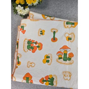 Vintage 70s Mushroom Print Vinyl Rectangular Tablecloth Orange Green Retro 67x53