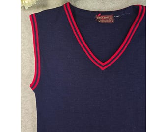 Kingsport Vintage 70s Navy Blue Red Striped V-Neck Sweater Vest Mens Large 42/44
