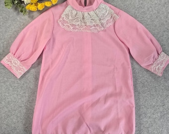 Vintage Sears Pink Lace Trim Mock Neck Blouse Girls Size 6 Perma-Press 70s Retro