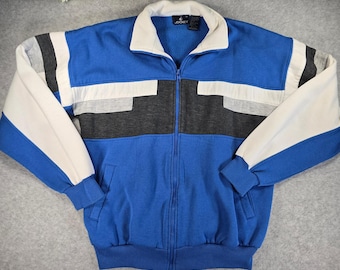 Vintage Jockey Men Medium Blue Colorblock Full Zip Fleece Track Jacket 90s Retro