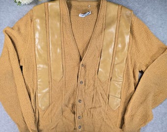 Vintage 70s Orlon Acrylic Cardigan Sweater Mustard Yellow Faux Leather Trim L