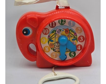 Vintage Red Elephant Pull String Musical Clock Toy Retro 70s 80s Baby Crib Baby