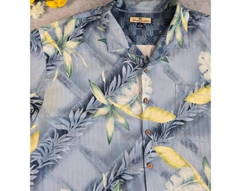 Y2K Tommy Bahama Mens XXL Blue Tropical Silk Button Down Shirt Palm Leaf Vacay