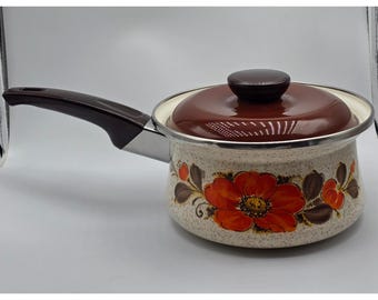Vintage showpan Sanko Ware Japan geëmailleerde steelpan oranje bloemen klaproos bruin deksel