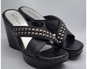 Harley Davidson Y2K Zada Black Leather Studded Platform Wedge Sandals 8 D82484