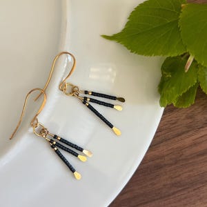 Black Miyuki Seed Bead Dangle Earrings: Gold Boho Jewelry