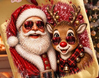 Trendy Cute Santa Reindeer Christmas PNG, Vintage Woodland Christmas Rudolph Inspired PNG, Glasses Bandana Retro DTF Sublimation, Xmax Png
