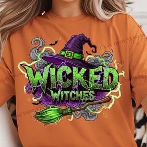 Wicked Witches Halloween PNG: Neon Green Witch Hat Broomstick ClipartSublimation Design Cracked Neon Text Broomstick Clipart Spooky DTF Tra