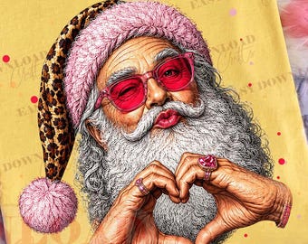 Leopard Print Santa PNG Trendy Christmas Sublimation Design Glam Santa with Heart Hands Gold Glitter Holiday Clipart Download Merry & Bright