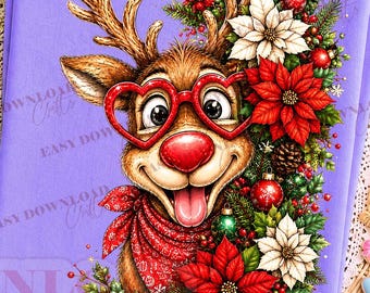 Floral Reindeer Christmas PNG, Trendy Cute Rudolph Png, Poinsettia Christmas Sublimation DTF, Xmax Ornament Floral Png, Girly Watercolor Png