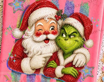 Santa and Green Guy Christmas Character PNG, Funny Christmas Friends Sublimation, Cute Holiday Couple Design, Retro Grinchy Xmas Shirt PNG