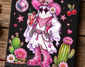Western Cowgirl Ghost PNG, Pink Halloween Ghost Png, Boojee Ghost Sublimation, Pink Cowgirl Boots Halloween Png, Girly Ghost Halloween Png