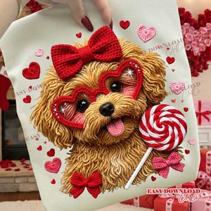 May include: A light-colored fabric featuring a charming dog design. The dog wears heart-shaped glasses and a bow, with a lollipop and heart accents. The design includes the text "EASY DOWNLOAD Crafts".