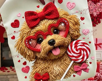 Valentine Golden Doodle Dog PNG Faux Embroidery Cute Puppy Heart Glasses Sublimation Crochet Look Lollipop PNG Valentine Shirt DTF Print