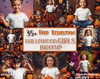 Halloween Kids T-shirt Mockup, White Bella Canvas 3001 T-Shirt fall Halloween Mockup baby girl kids model black crewneck shirt mock up