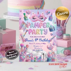 May include: A pastel-colored invitation for a "Pamper Party" birthday celebration. The design features makeup-themed illustrations, including nail polish, makeup brushes, and a unicorn sleep mask. The invitation includes the text "Diana's 6th Birthday".