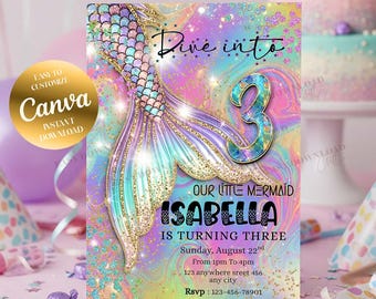 Meerjungfrau zum 3. Geburtstagseinladung Canva Vorlage, bearbeitbar unter dem Meer einladen, Pastell Mermaid Tail Glitter Party Einladung, Mädchen Geburtstag