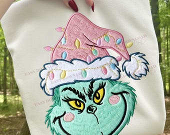 Embroidered Grinc Christmas lights png, preppy Christmas Png, Pink Christmas Png, Christmas Movies Png, Cute Christmas Png, Holiday png