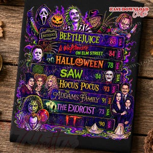 Puede incluir: Un estampado sobre tela negra que muestra una pila de cintas VHS etiquetadas con t&iacute;tulos de pel&iacute;culas de terror como Beetlejuice, A Nightmare on Elm Street, Halloween, Saw, Hocus Pocus, The Addams Family, The Exorcist e It, rodeadas de personajes.