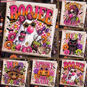 May include: A collection of six square fabric panels featuring vibrant Halloween-themed illustrations. Designs include a ghost with a pink bow, a skeleton, a black cat, a highland cow, and a pumpkin, all adorned with colorful flowers and text.