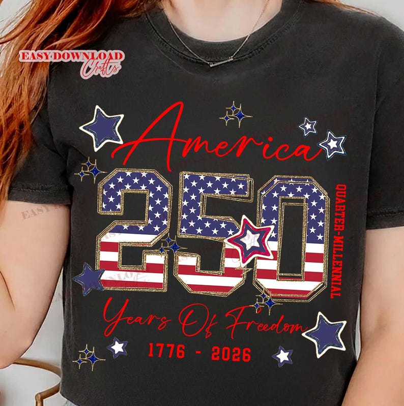 May include: Black t-shirt with a patriotic design celebrating America's 250th anniversary. Features the word "America" in red script, the number "250" in a star-spangled pattern, and the text "Years Of Freedom 1776-2026."