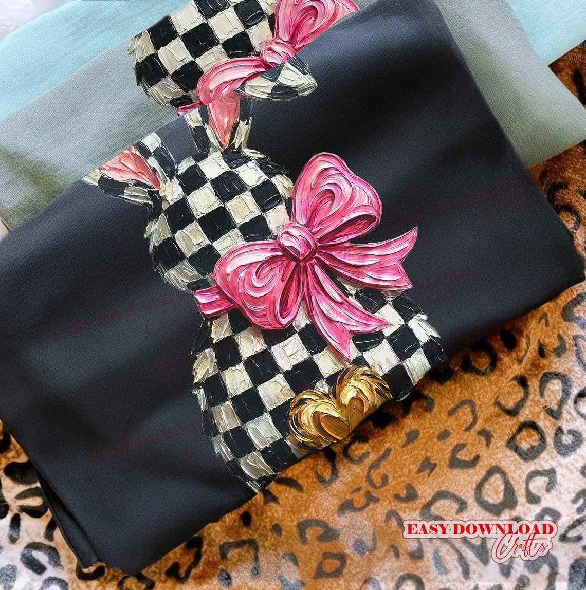 Checkered Easter Bunny PNG, Pink Bow Buffalo Plaid Bunny Design, Trendy ...