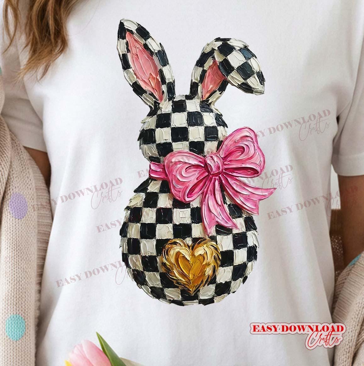 Checkered Easter Bunny PNG, Pink Bow Buffalo Plaid Bunny Design, Trendy ...