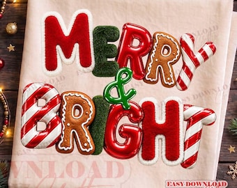 Trendy Merry And Bright PNG, 3d Gingerbread Candy Cane Sublimation  DTF, Girly Christmas Shirt Png, Funny Boho Xmax Sweatshirt, Santa Png