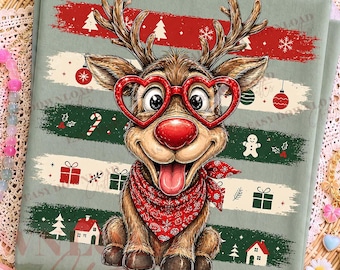Cute Reindeer Christmas PNG, Vintage Woodland Christmas Rudolph Inspired PNG, Heart Glasses Bandana Retro Stripe DTF Sublimation, Stripe Png