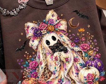 Cottagecore Ghost PNG, Lace Ghost Floral Halloween Png, Vintage Boho Ghost Pumpkin Shirt Design, Leopard Spooky Halloween PNG, Fall Season