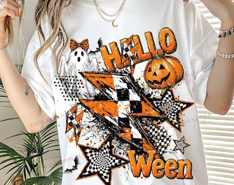 Hello Halloween PNG, Retro Checkerboard Star Sublimation Design, Edgy Pumpkin Ghost Digital Download, Distressed Halloween PNG for Shirts