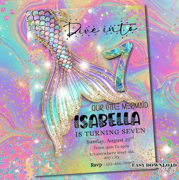 Mermaid seven Birthday Invitation Canva Template, Editable Under the Sea Invite, Pastel Mermaid Tail Glitter Party Invitation, Girl Birthday