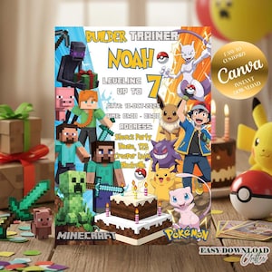 May include: A birthday party invitation featuring Minecraft and Pokémon characters. The invitation includes the name "NOAH", age "7", date, time, and address. The design incorporates a birthday cake and various game-related graphics.