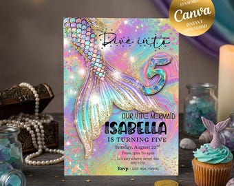 Inbjudan till sjöjungfru 5-årsdag Canva-mall, redigerbar undervattensinbjudan, pastellfärgad sjöjungfrusvans glitterfestinbjudan, flickafödelsedag