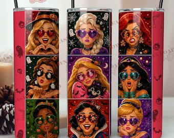 Princesses 20oz Skinny Tumbler Wrap, Trendy Viral Doll Filter Halloween Tumbler, Halloween Sublimation Tumbler Wrap, Cartoon Mug Wrap