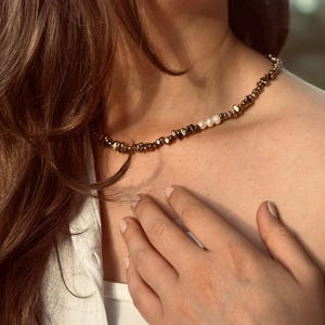 Handmade women&#39;s necklace with gold-plated semiprecious stones & genuine freshwater pearls - trendy jewelry - hematite - necklace for summer - boho