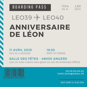 Invitation anniversaire personnalisable - boarding pass. Birthday party invitation.