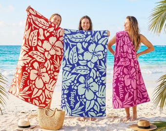 Custom Hawaiian Beach Towel, Personalized Aloha Pool Gift, Custom Tropical Hibiscus Name Towel, Island Vacation Gift, Hawaii Inspired Theme