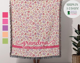 Personalized Grandmother Tapestry Throw: Custom Floral Woven Gift with Grandchildren Names, Thanksgiving Gift