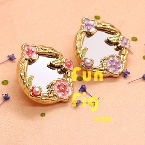 Hand Painted Mini Flowers Enamel Pink Purple Earrings - Mirror Design Copper Gold Plated Stud Floral Earrings